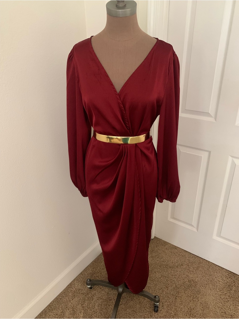 SHEIN Burgundy Satin Long Sleeve Wrap Dress